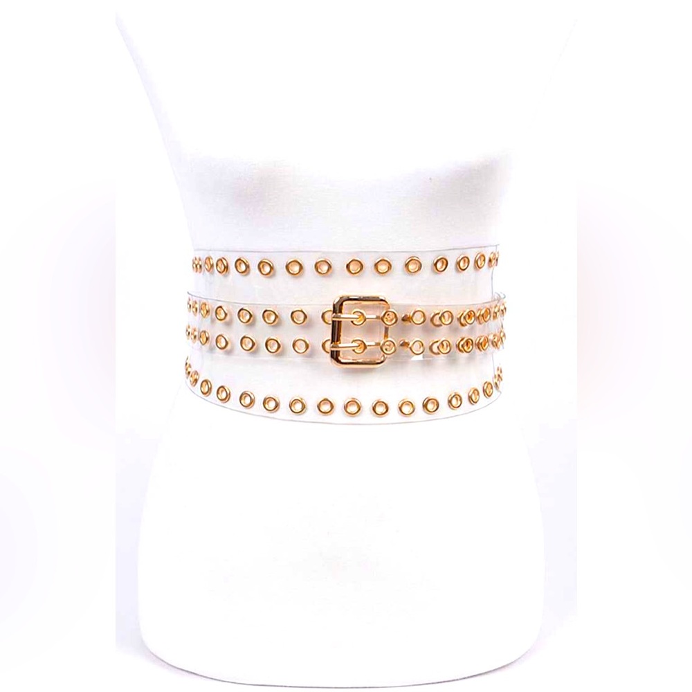 Gold-Studded White Wide Waist Belt - Designer Style